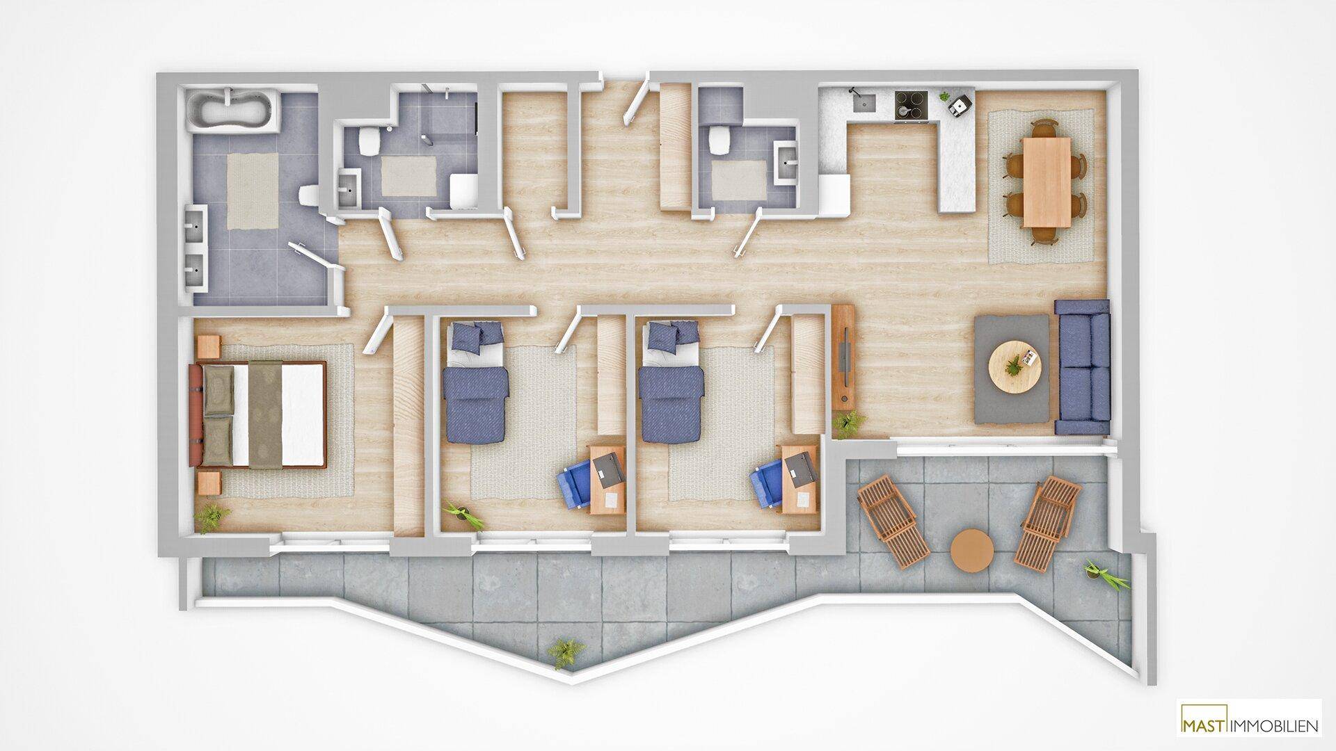 Detaillierter Grundriss einer Wohnung mit drei Schlafzimmern, zwei Bädern und großer Terrasse.
