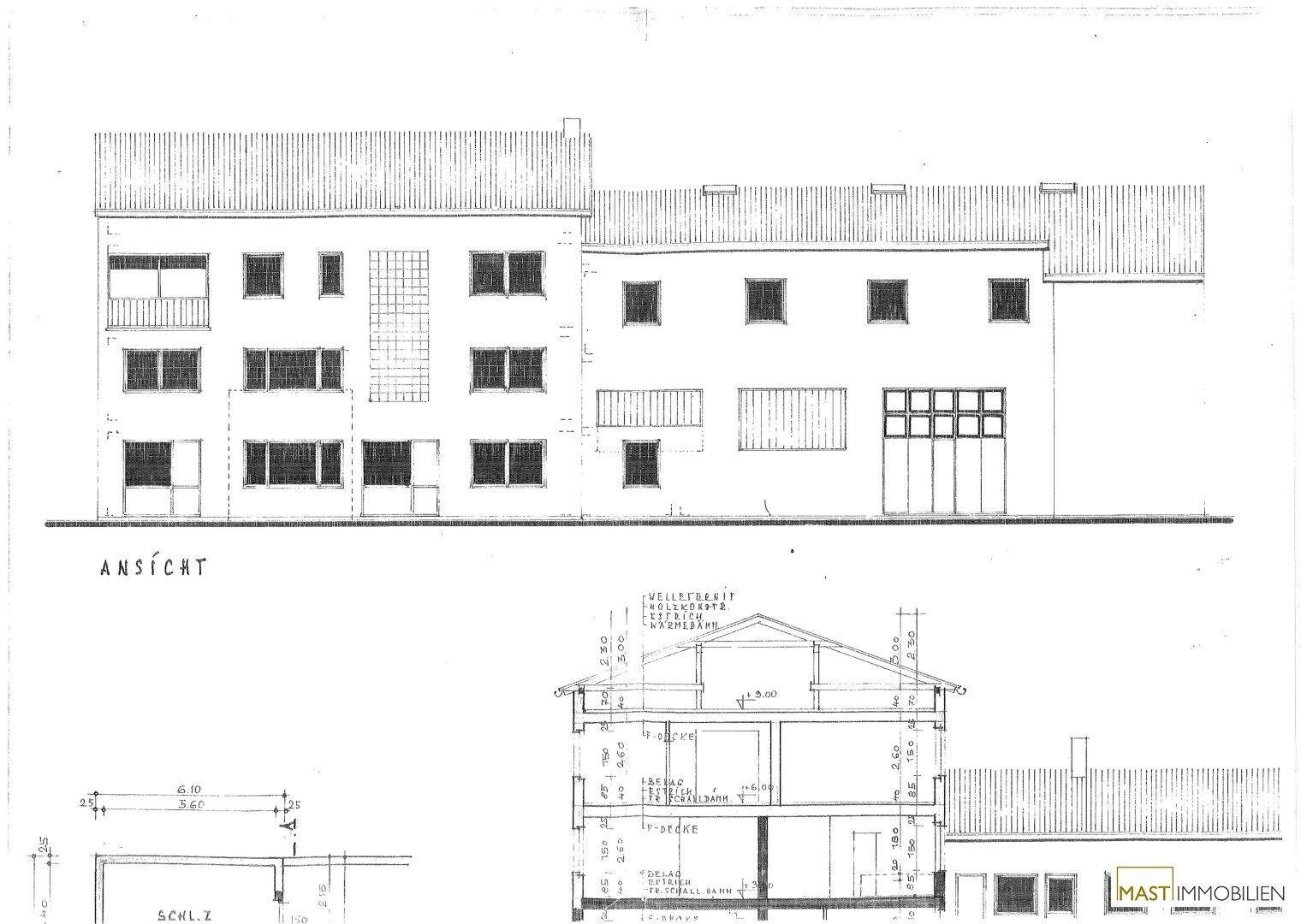 Architektonische Ansicht und Schnittzeichnung eines Gebäudes mit mehreren Etagen und Dach.