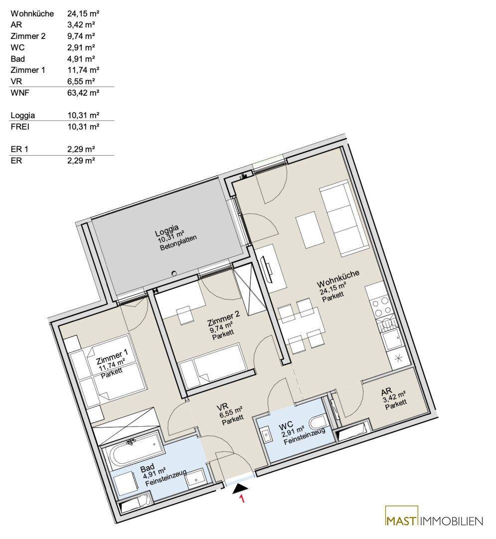 Detaillierter Grundriss einer Wohnung mit Wohnküche, zwei Zimmern, Bad und Loggia.