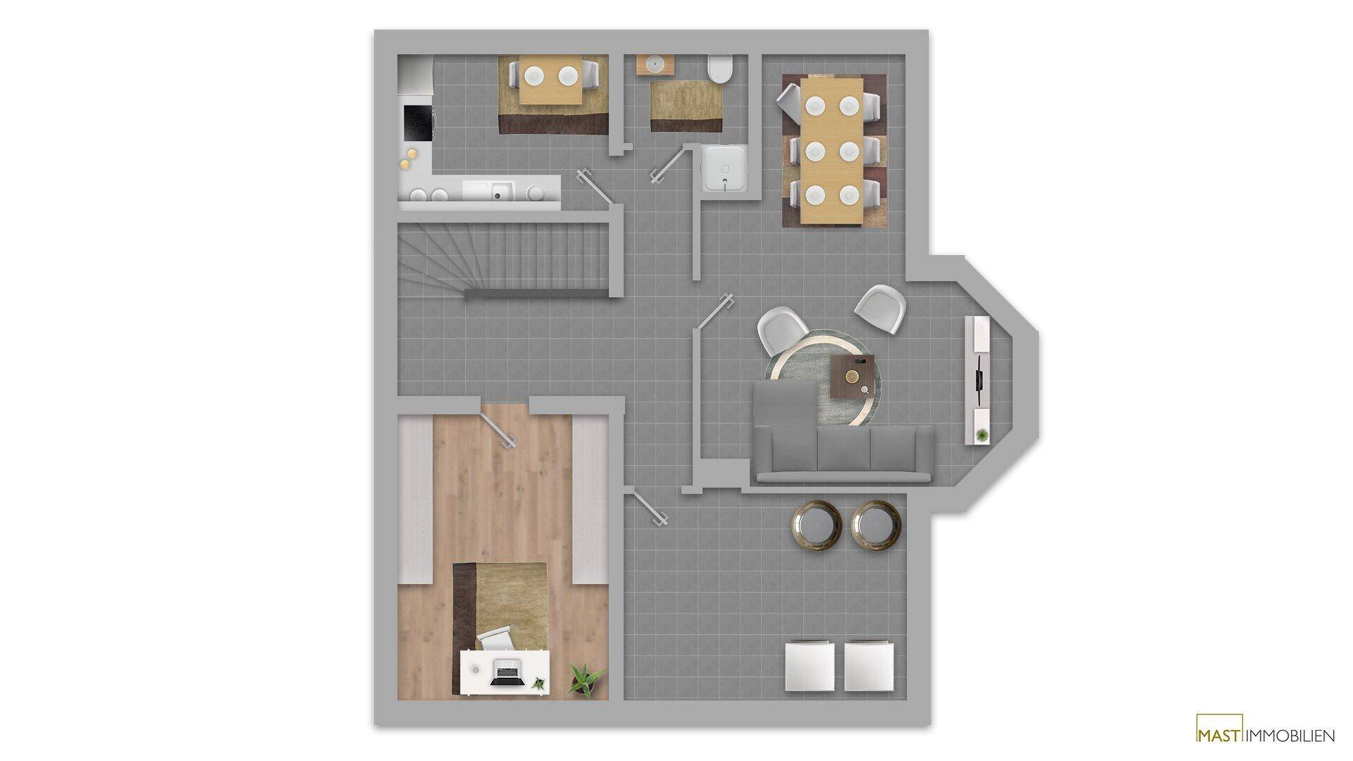 Grundriss des Obergeschosses mit Schlafzimmer, Bad und offenem Wohnbereich.