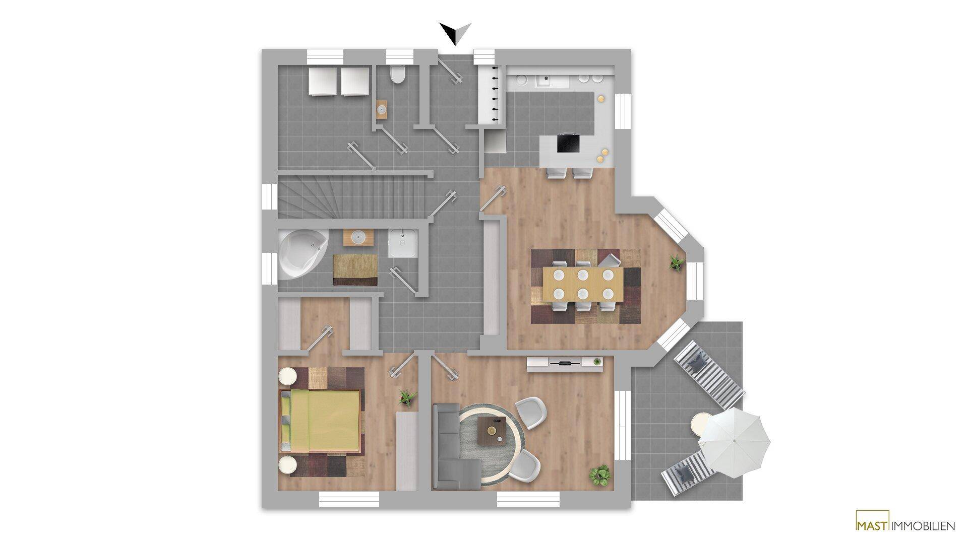 Moderner Grundriss des Erdgeschosses mit offener Küche, Wohnbereich und Terrasse.