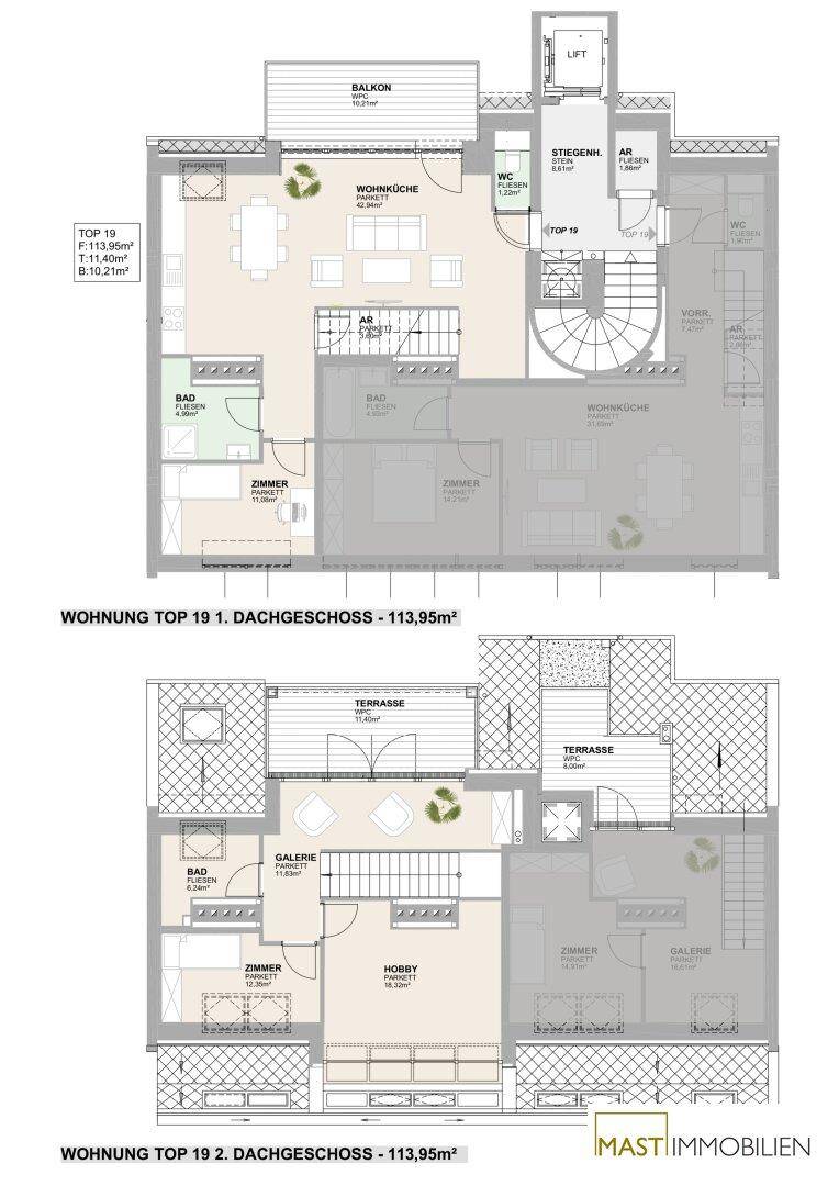Grundriss der Wohnung Top 19 auf zwei Dachgeschossebenen mit Balkon und Terrasse.