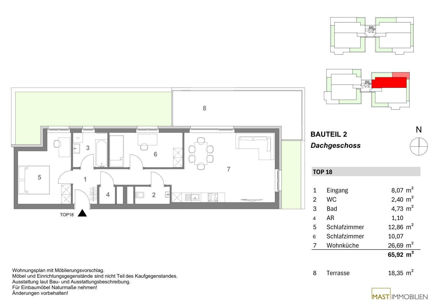 Grundriss des Dachgeschosses mit offener Wohnküche, zwei Schlafzimmern und großer Terrasse.