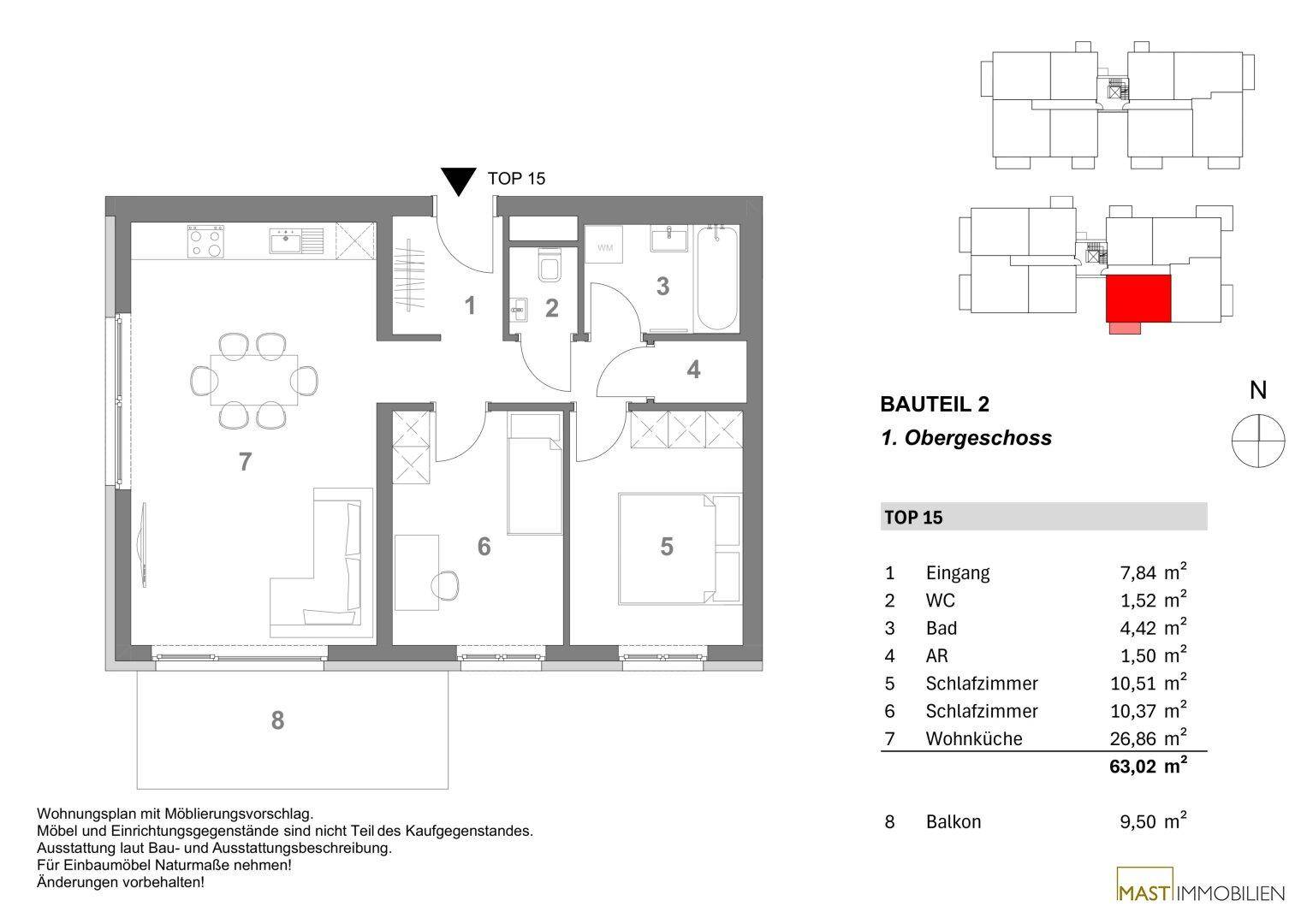 Grundriss der Wohnung TOP 15 mit offenem Wohnküchenbereich, zwei Schlafzimmern und Balkon.
