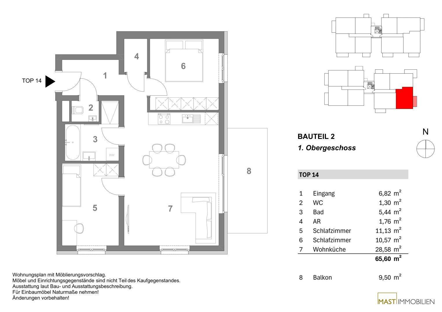 Grundriss der Wohnung TOP 14 im ersten Obergeschoss mit zwei Schlafzimmern, offener Wohnküche und Balkon.