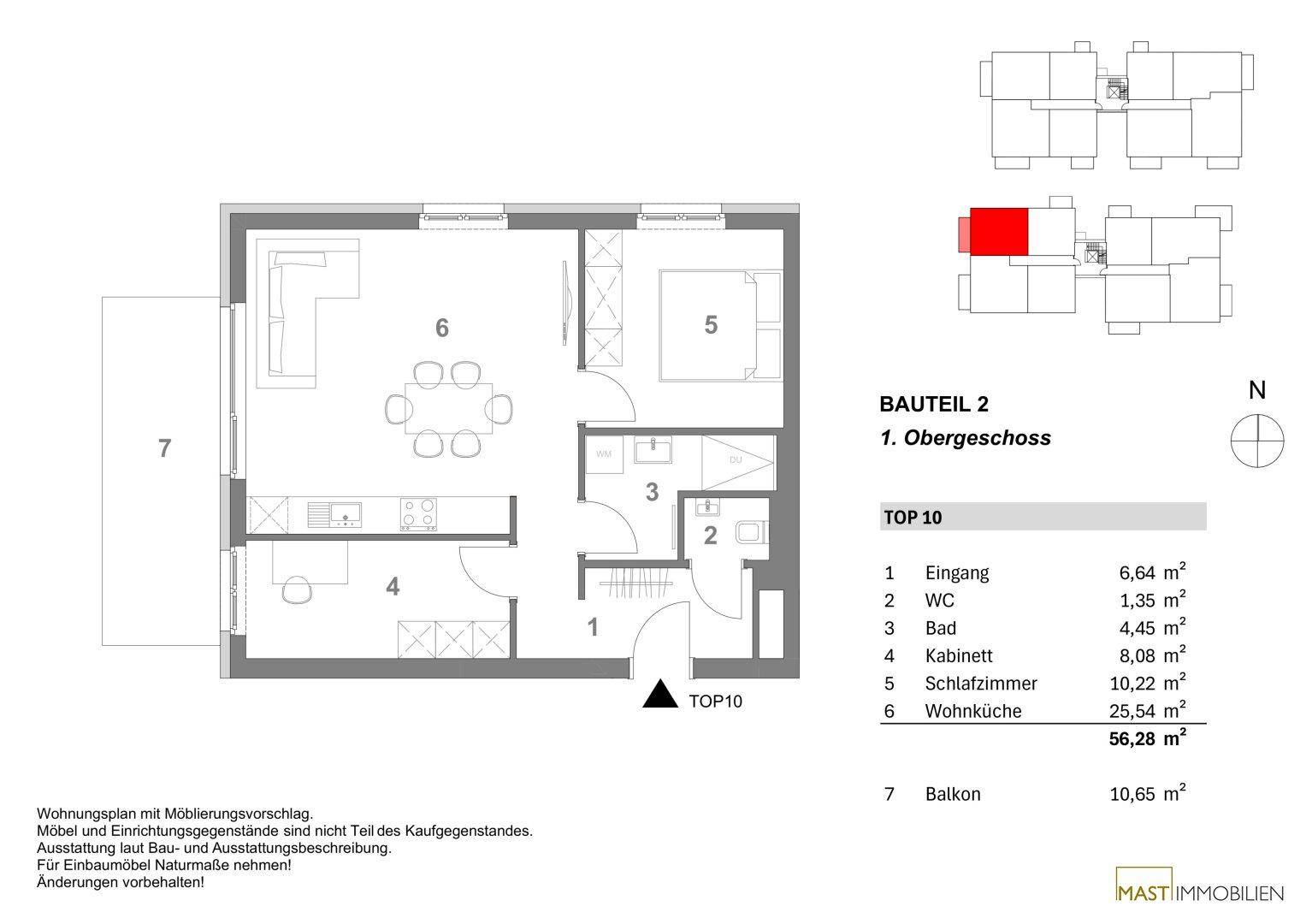 Grundriss des 1. Obergeschosses zeigt eine Wohnung mit offener Wohnküche, Schlafzimmer, Bad, separatem WC und Balkon.