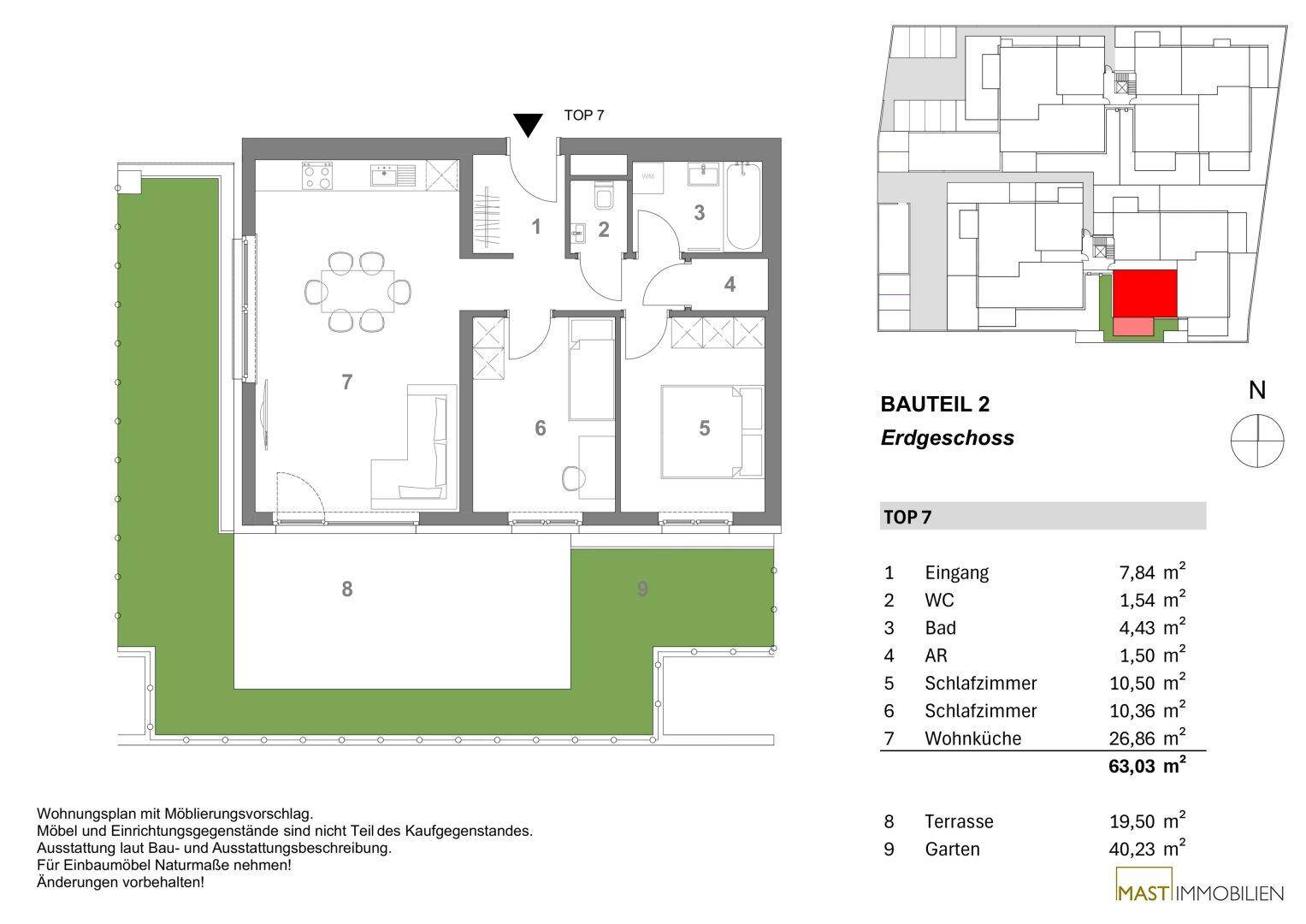 Grundriss einer Erdgeschosswohnung mit Wohnküche, zwei Schlafzimmern, Terrasse und Garten.