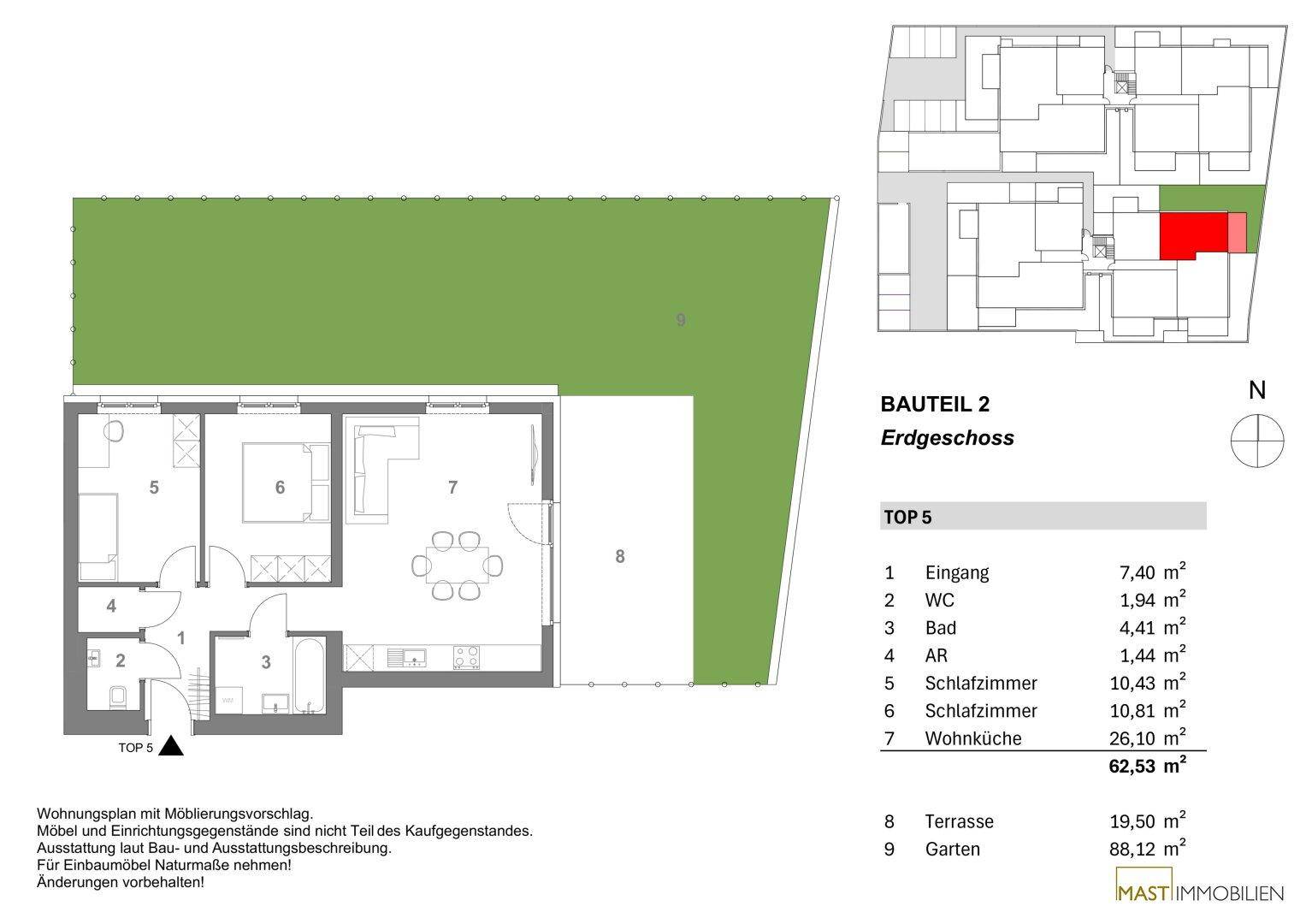 Grundriss einer Erdgeschosswohnung mit Wohnküche, zwei Schlafzimmern, Terrasse und Garten.