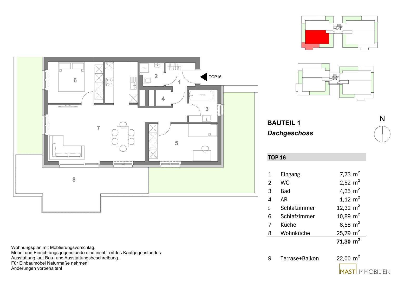 Grundriss des Dachgeschosses mit offenem Wohn-Essbereich, zwei Schlafzimmern und großzügiger Terrasse.
