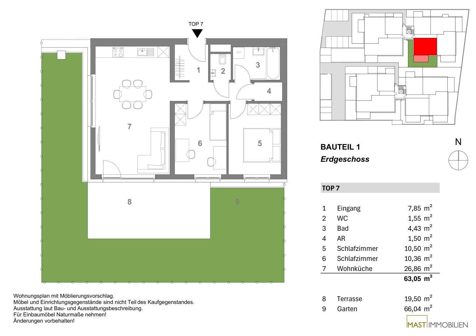Grundriss des Erdgeschosses mit offener Wohnküche, zwei Schlafzimmern, Bad, Gäste-WC, Terrasse und Garten.