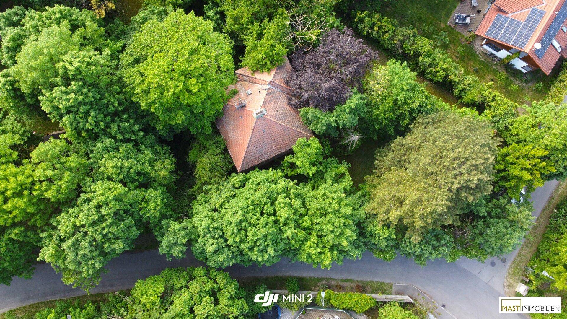 Vogelperspektive eines charmanten Hauses mit Ziegeldach, eingebettet in eine grüne Baumlandschaft.