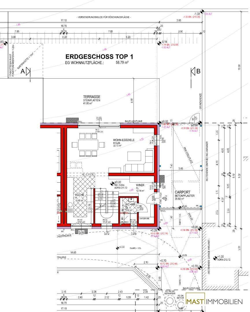 Grundriss des Erdgeschosses mit offenem Wohn-Essbereich, Terrasse und Carport.