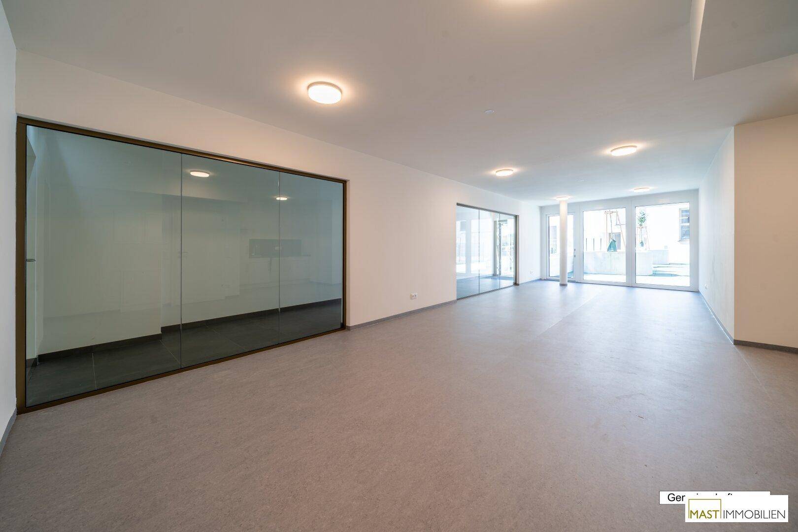 Großer, heller Raum mit Glaswänden und Zugang zu einem Außenbereich, ideal für Büro oder Gewerbe.