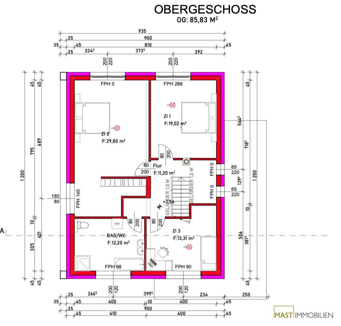 Grundriss des Obergeschosses mit drei Schlafzimmern, einem Badezimmer und Flur.