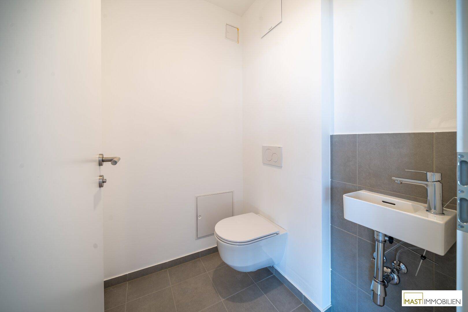 Kleines, modernes Gäste-WC mit wandhängender Toilette und kompaktem Waschbecken.