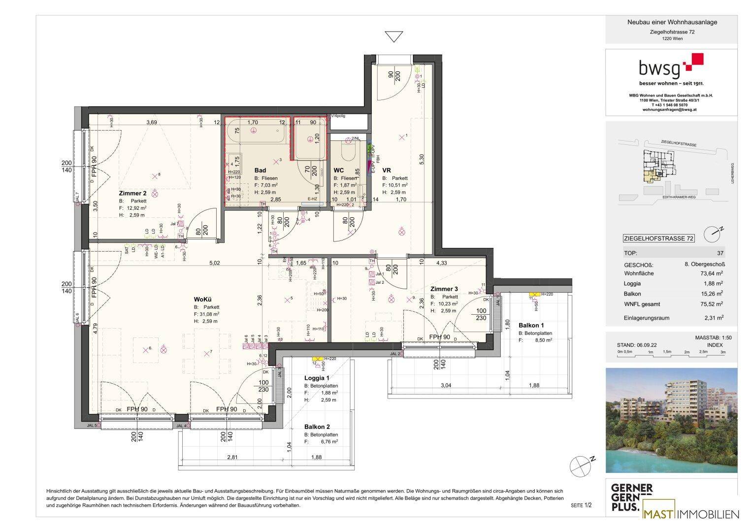 Detaillierter Grundriss einer Wohnung mit drei Zimmern, zwei Bädern und zwei Balkonen.