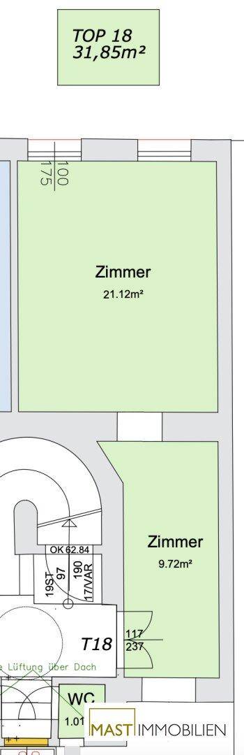 Grundriss der Wohnung TOP 18 mit zwei Zimmern und WC.