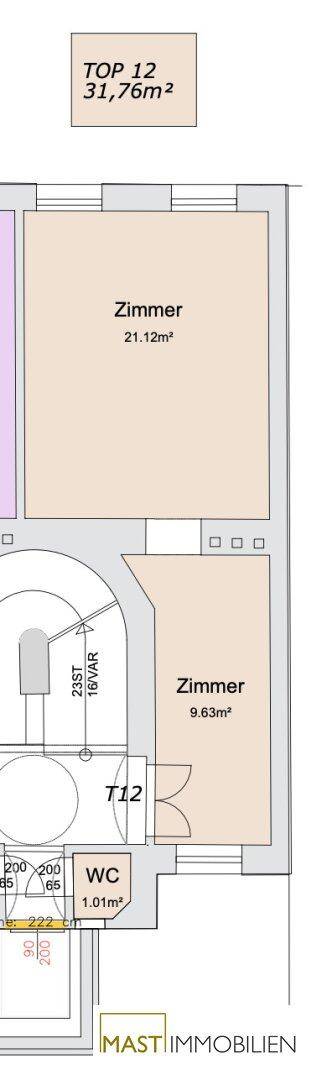 Ausschnitt eines Grundrisses mit zwei Zimmern und einem separaten Gäste-WC.