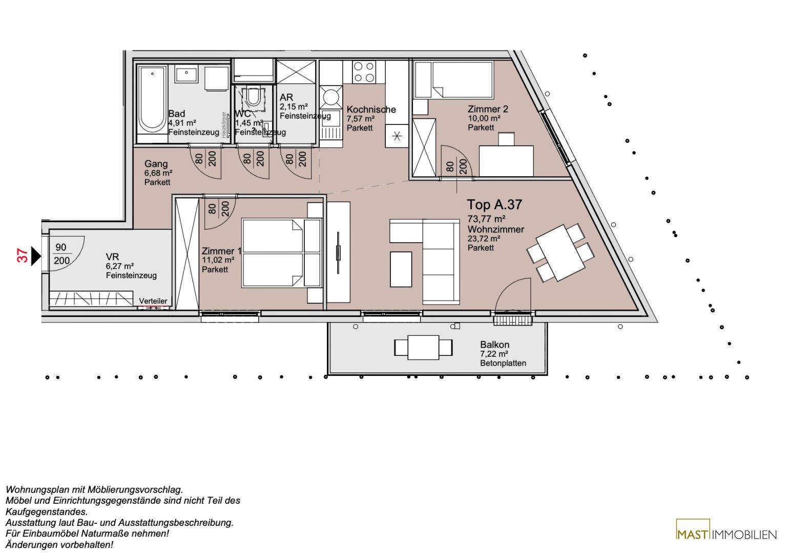 Grundriss einer Wohnung mit drei Zimmern, offener Wohnküche, Bad, WC und Balkon.