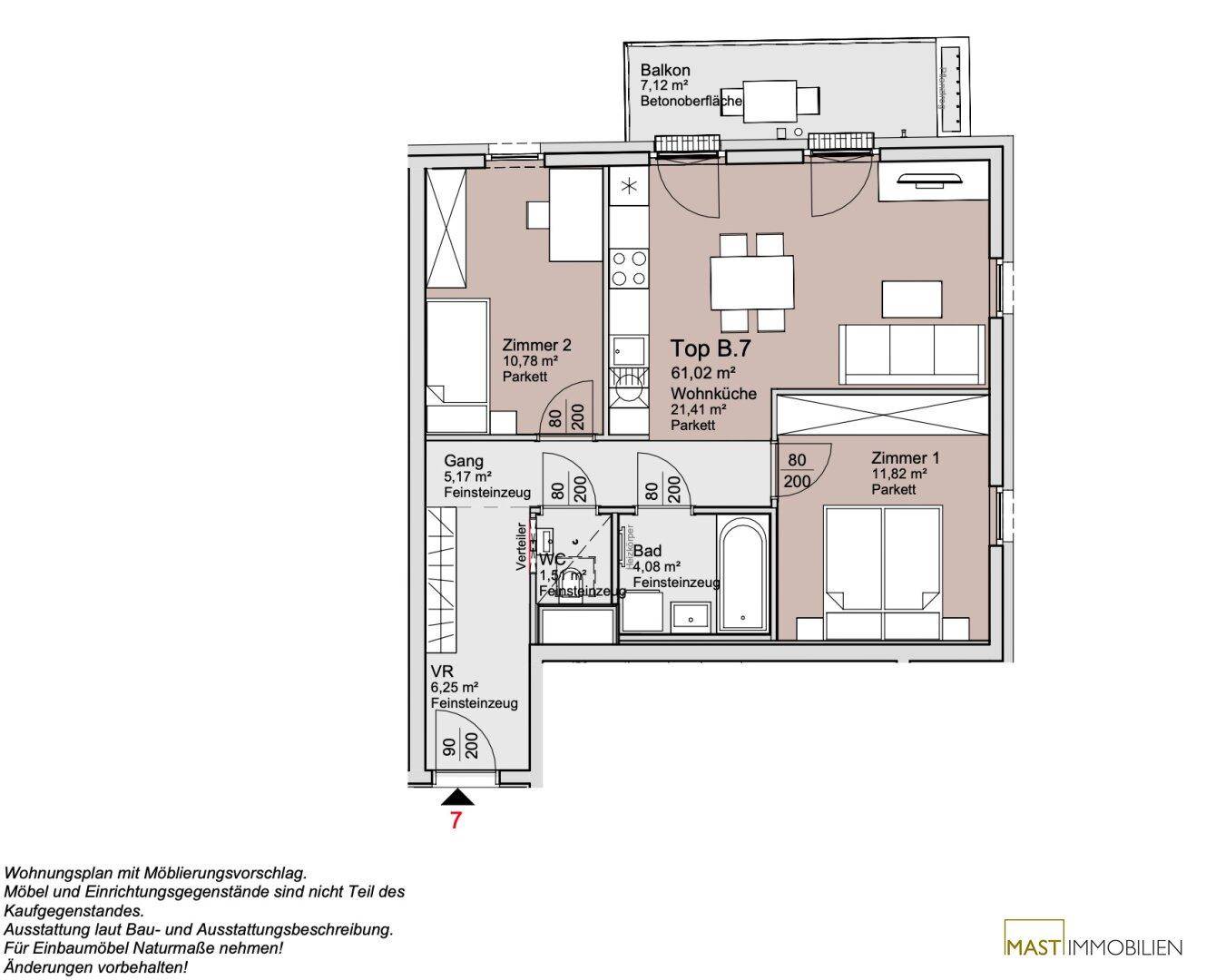 Grundriss der Wohnung Top B.7 mit zwei Schlafzimmern, offenem Wohnbereich und Balkon.