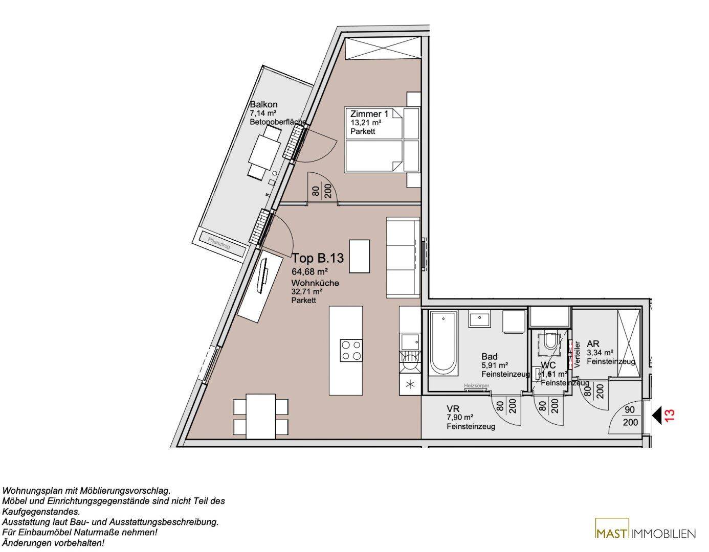Grundriss einer Wohnung mit offener Wohnküche, Schlafzimmer, Bad, WC und Balkon.