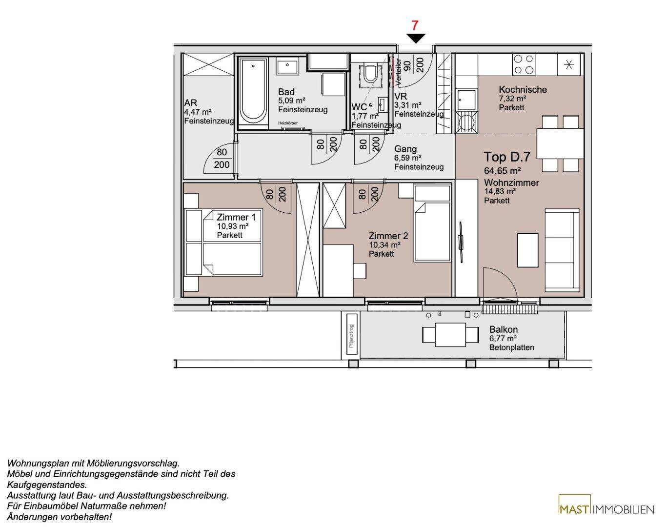 Grundriss einer Wohnung mit zwei Schlafzimmern, offenem Wohnbereich, Bad, separatem WC und Balkon.