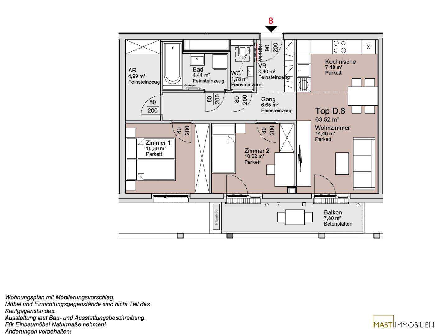 Detaillierter Grundriss der Wohnung Top D.8 mit zwei Schlafzimmern, Bad, WC und Balkon.