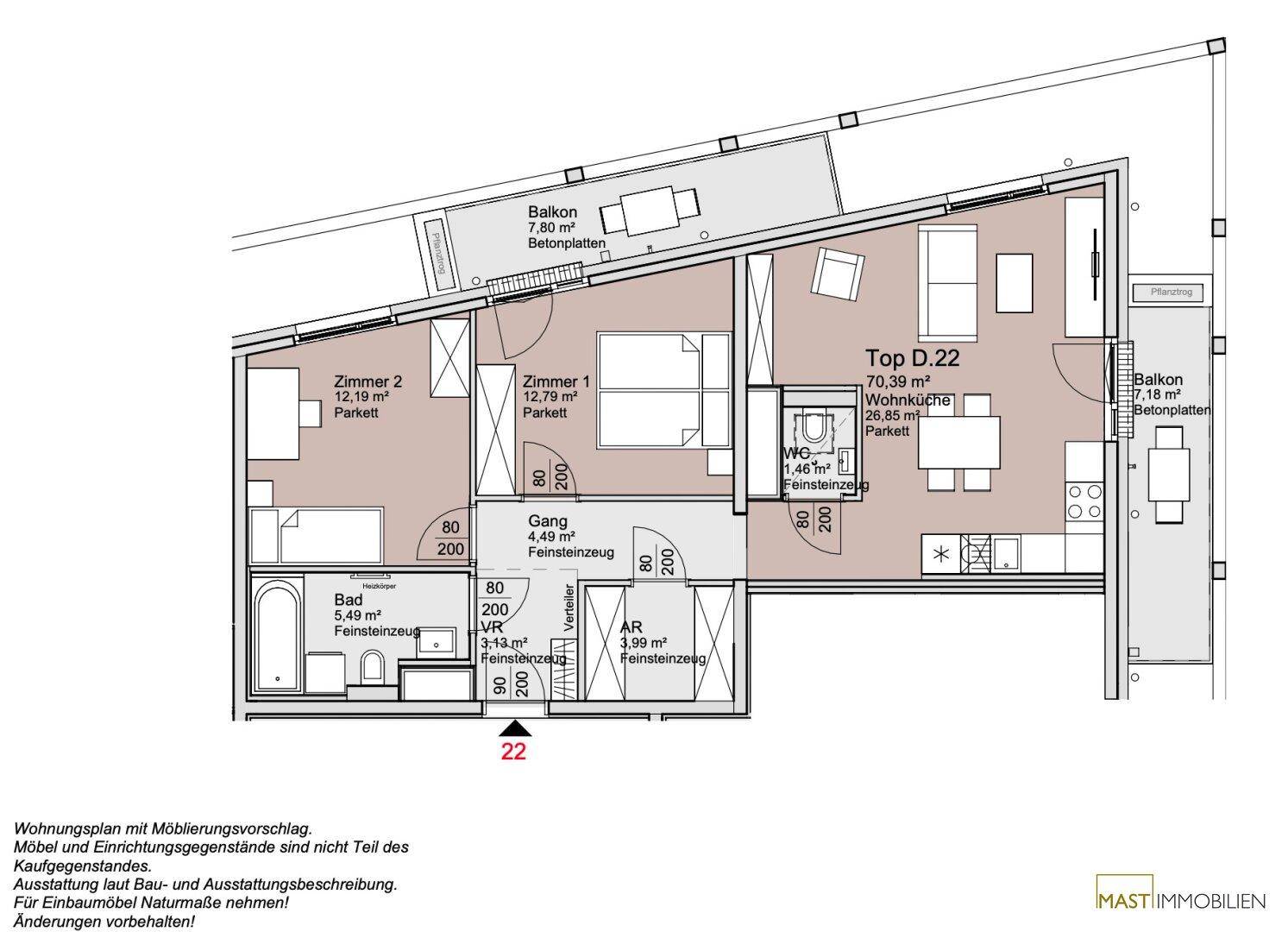 Detaillierter Grundriss einer Wohnung mit zwei Balkonen, offenem Wohn-Essbereich und zwei Schlafzimmern.