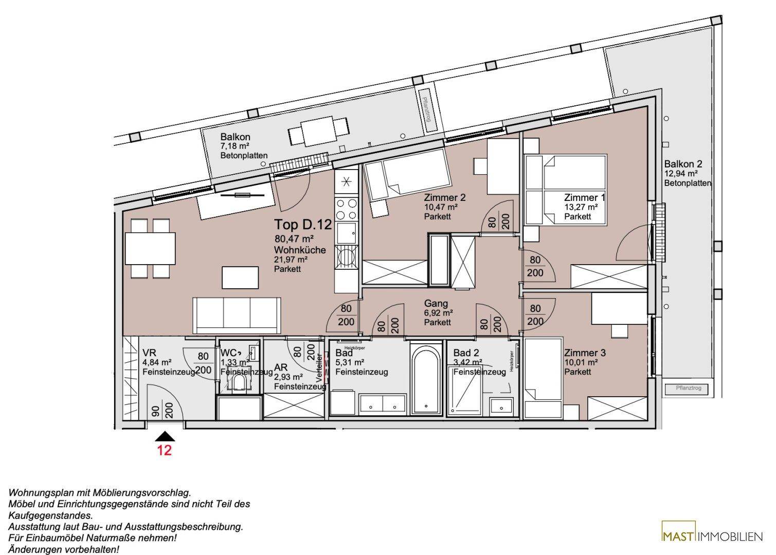 Detaillierter Grundriss der Wohnung Top D.12 mit drei Zimmern und zwei Balkonen.