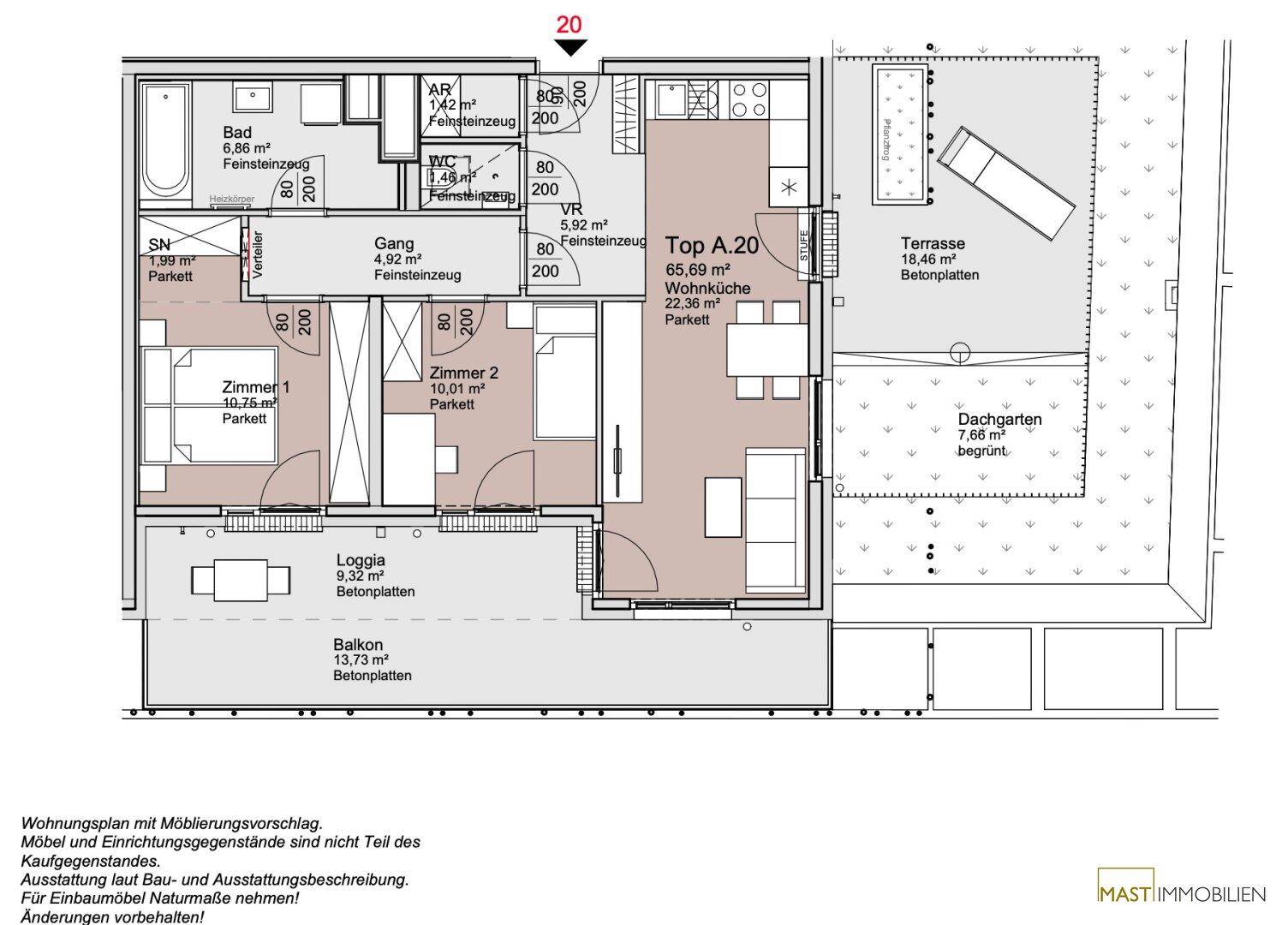 Detaillierter Grundriss einer Wohnung mit zwei Zimmern, Loggia, Balkon, Terrasse und Dachgarten.