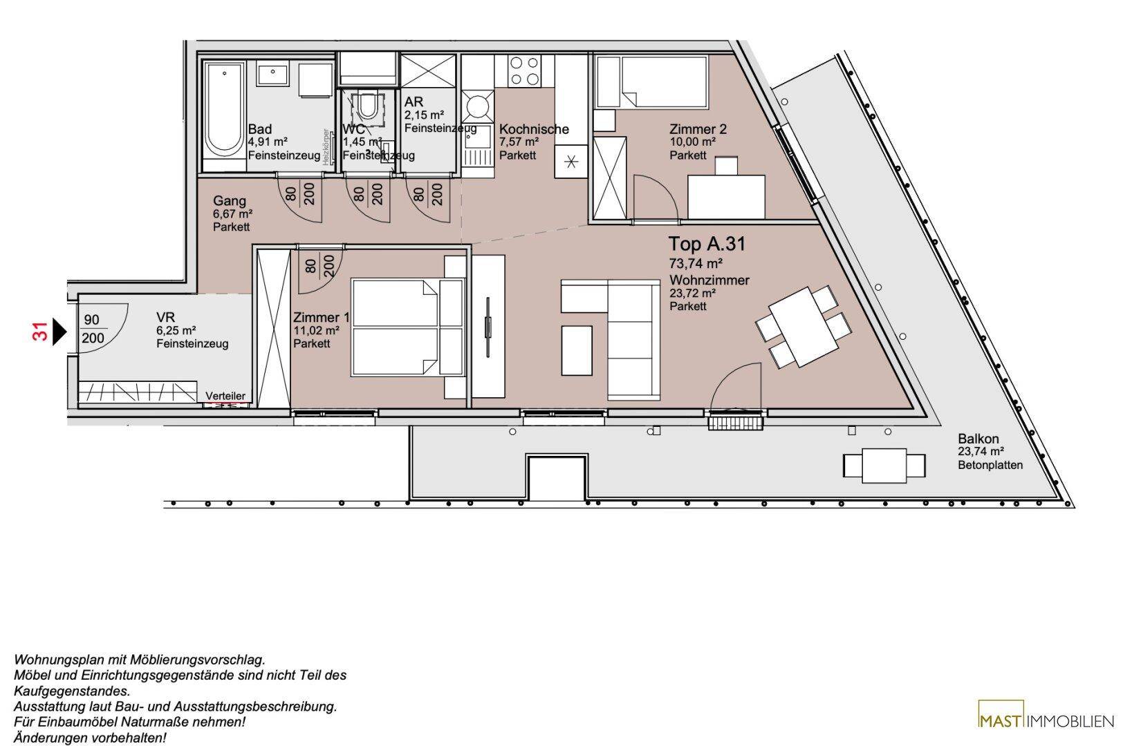 Detaillierter Grundriss einer Wohnung mit zwei Schlafzimmern, offenem Wohnbereich und Balkon.