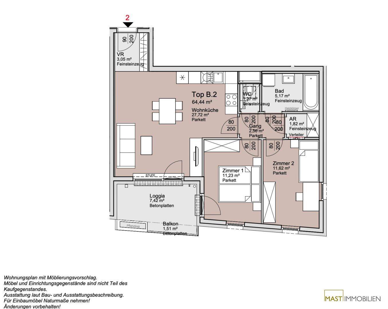 Grundriss der Wohnung Top B.2 mit offenem Wohnbereich, zwei Zimmern, Loggia und Balkon.