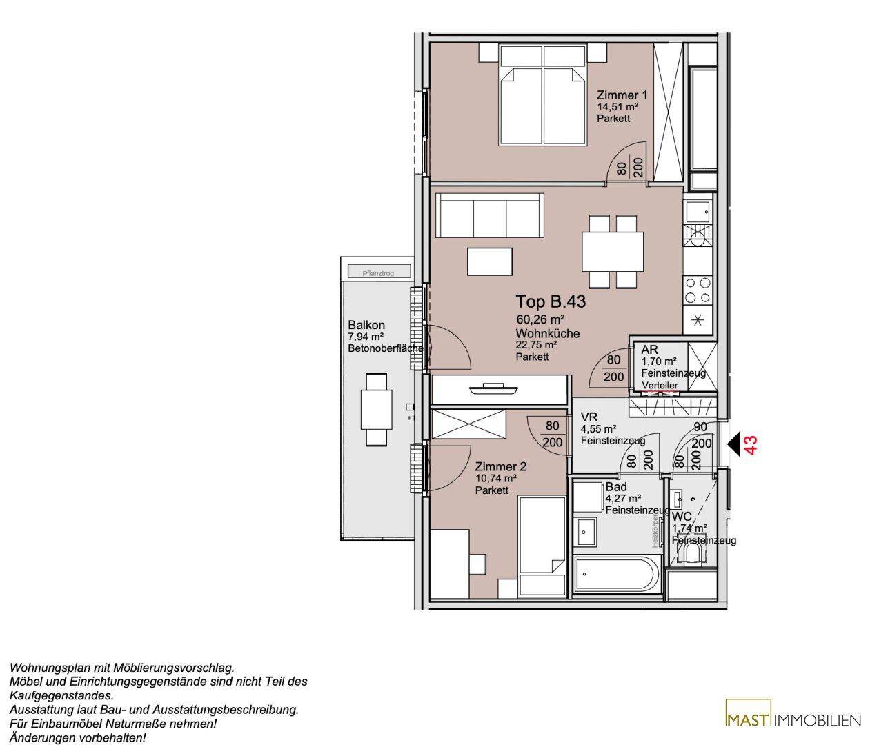 Detaillierter Grundriss einer Wohnung mit zwei Schlafzimmern, offener Wohnküche und Balkon.