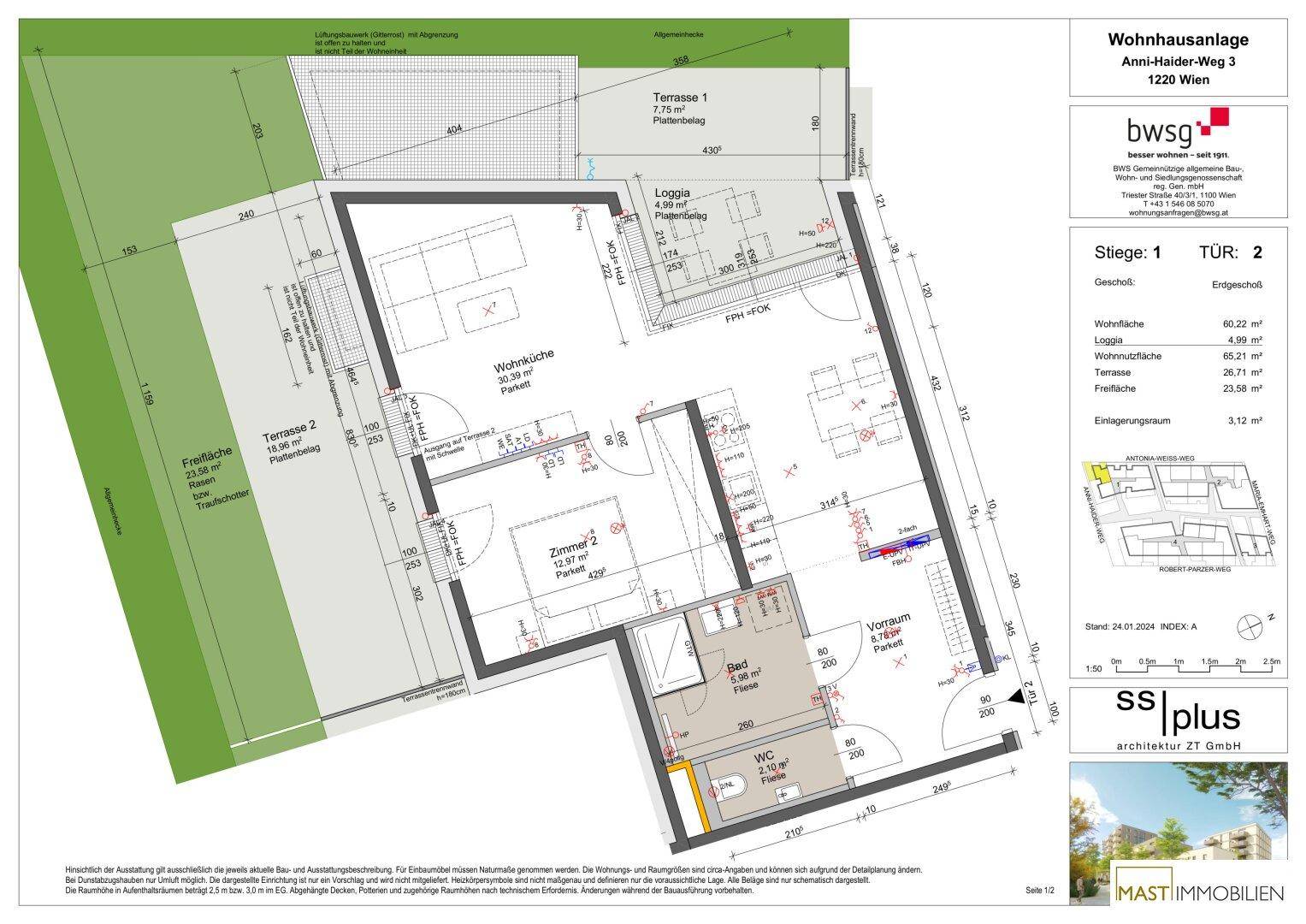 Detaillierter Grundriss einer Wohnung mit offener Wohnküche, zwei Zimmern, Bad, WC, Loggia und Terrasse.