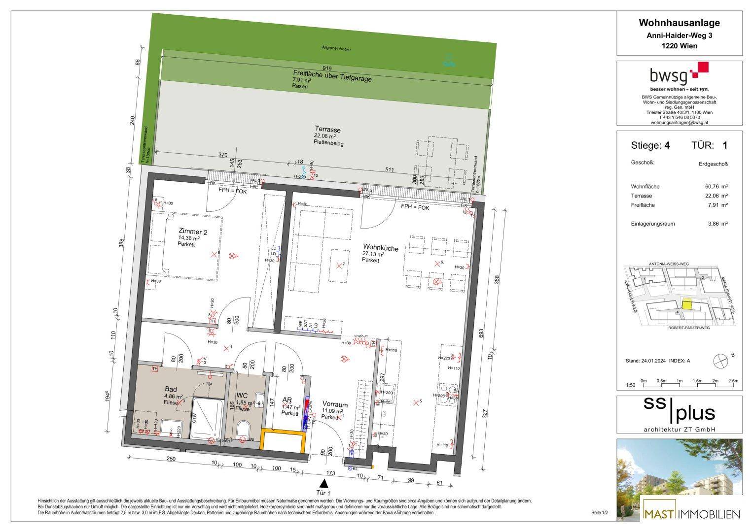 Detaillierter Grundriss einer Wohnung mit Terrasse und Wohnküche.