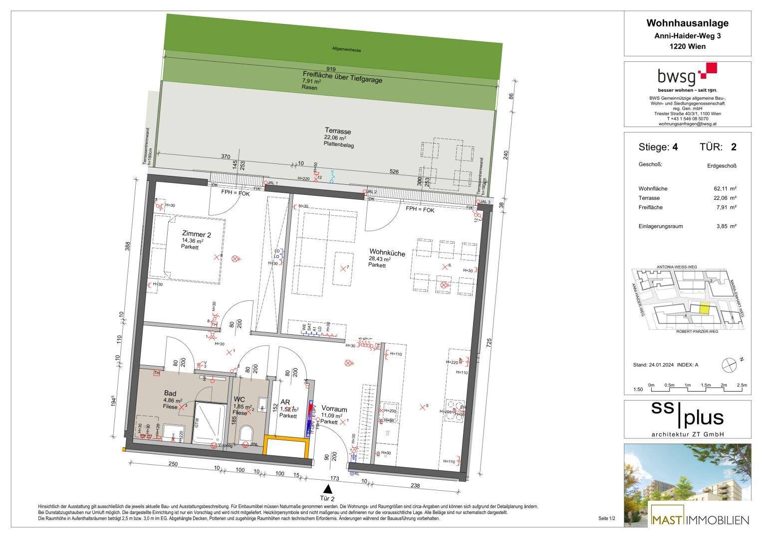 Detaillierter Grundriss einer Wohnung mit Wohnküche, zwei Zimmern und Terrasse.