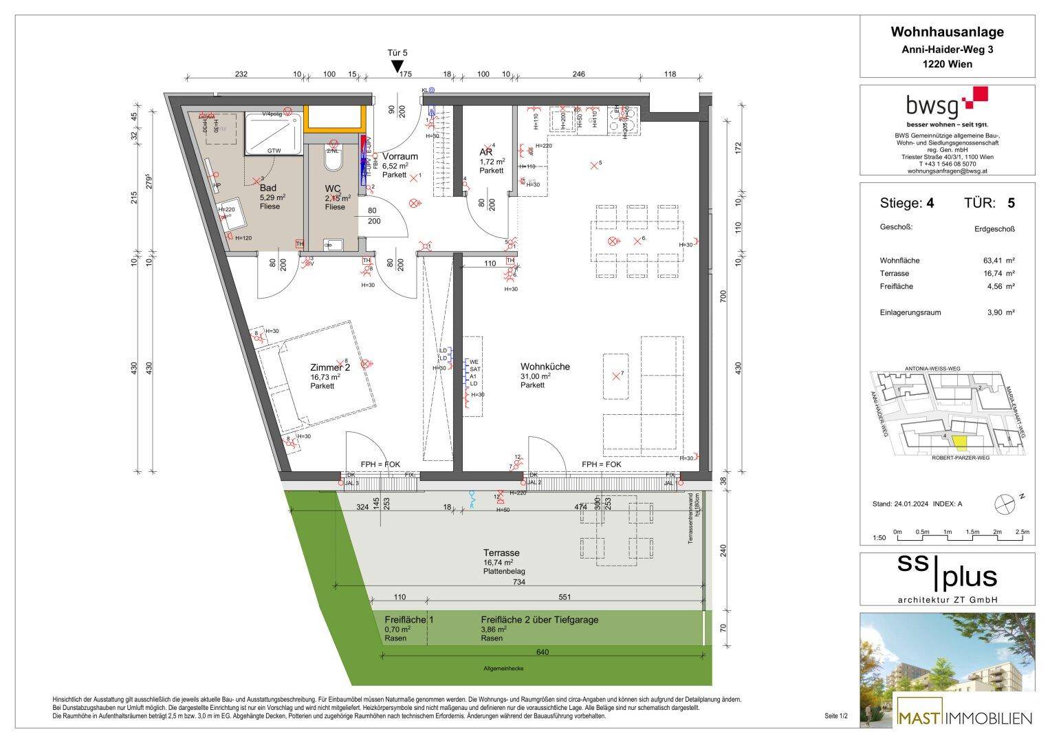 Detaillierter Grundriss einer modernen Wohnung mit offenem Wohnbereich, zwei Bädern und einer großen Terrasse.