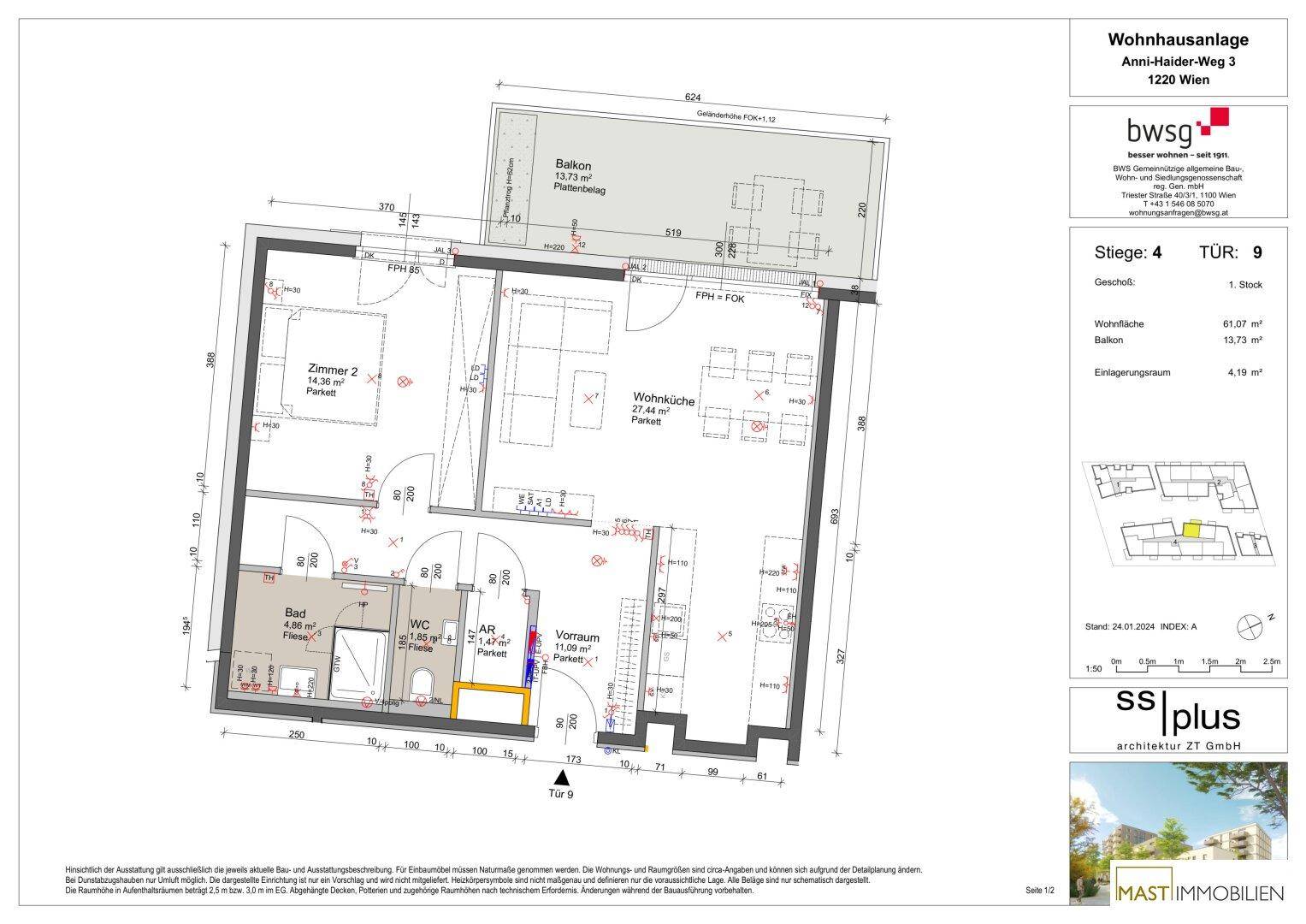 Detaillierter Grundriss einer Wohnung mit Wohnküche, zwei Zimmern und Balkon.