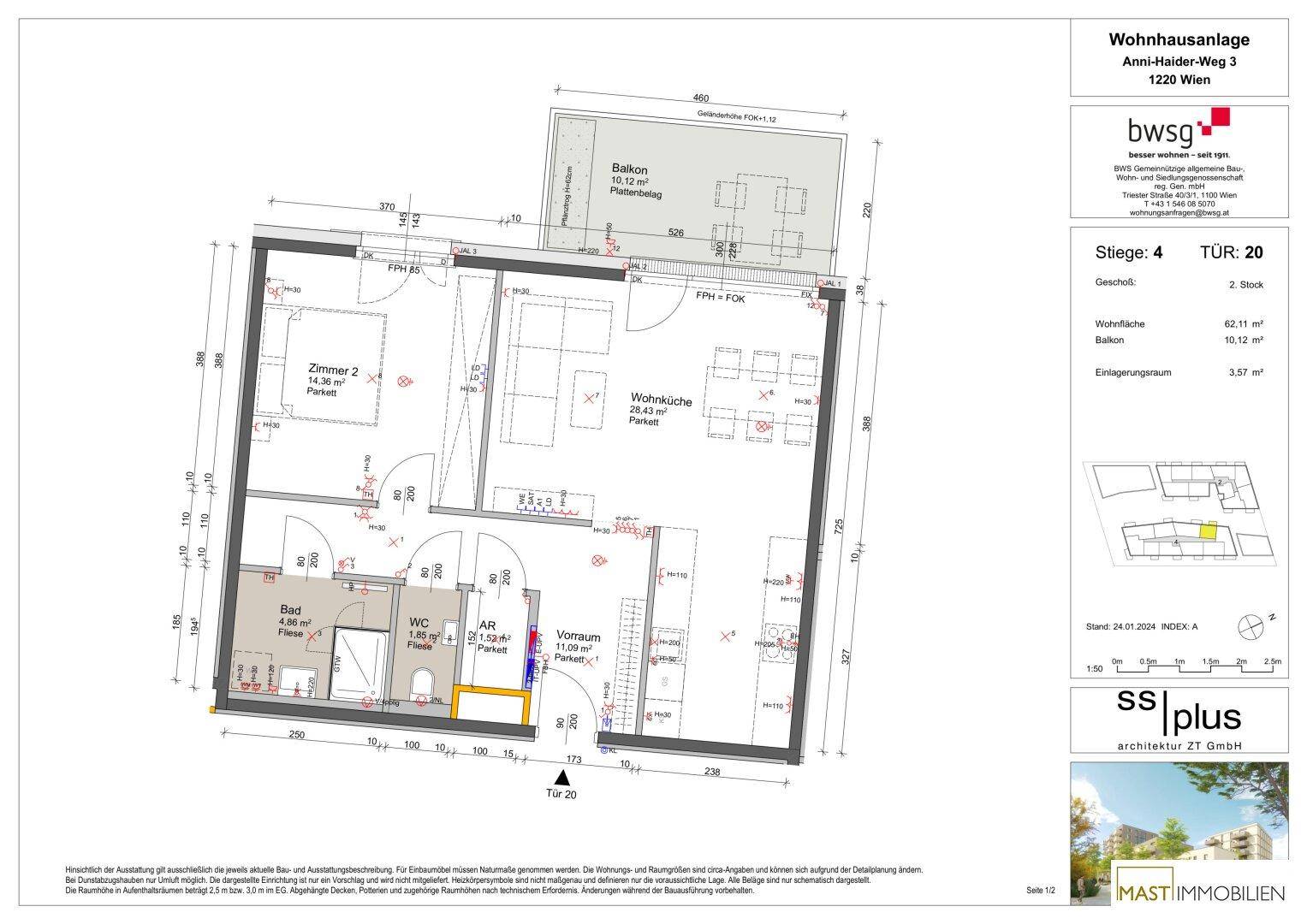 Detaillierter Grundriss einer Wohnung mit Wohnküche, zwei Zimmern und Balkon.