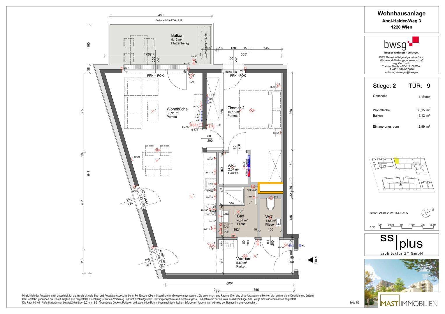 Detaillierter Grundriss einer Wohnung mit Balkon, zwei Schlafzimmern und offenem Wohnbereich.
