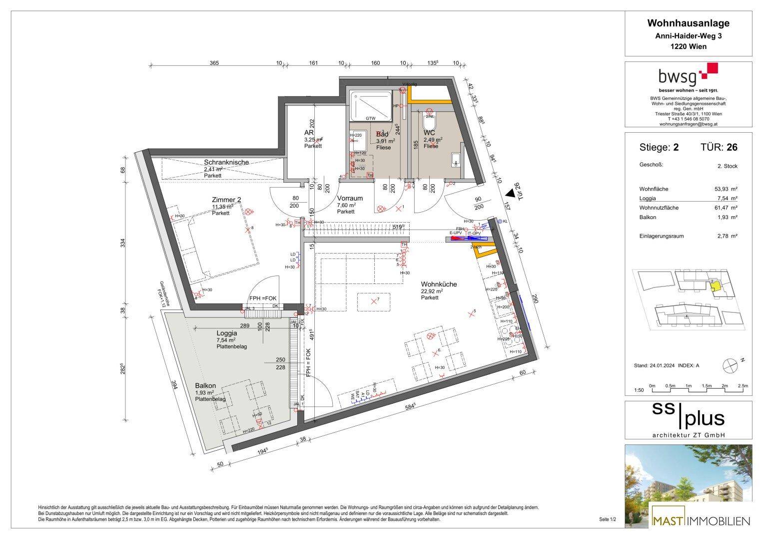 Detaillierter Grundriss einer Wohnung mit Wohnküche, Loggia und Balkon.