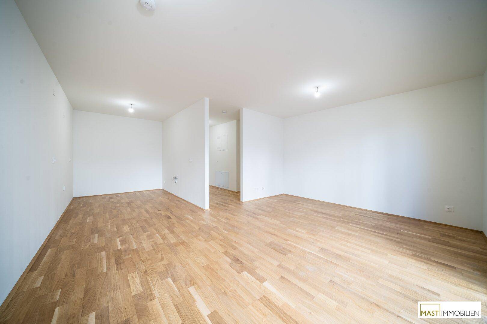 Großer, heller Raum mit Parkettboden und einer teilweisen Trennwand, vielseitig nutzbar.