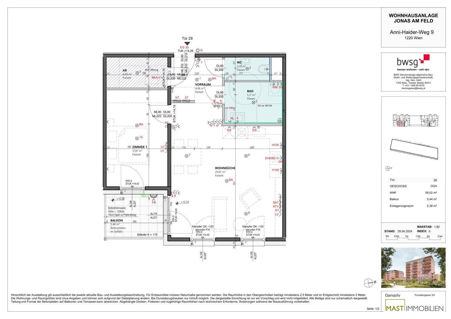 Detaillierter Grundriss einer Wohnung mit Balkon, Wohnküche und separatem Schlafzimmer.