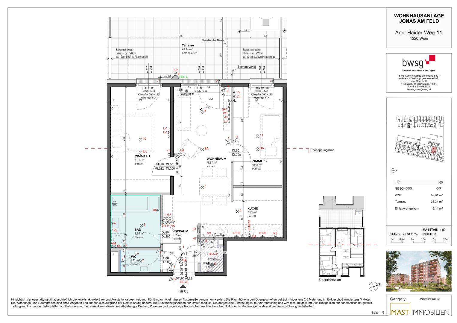 Detaillierter Grundriss einer Wohnung mit drei Zimmern, Terrasse und offenem Wohnbereich.