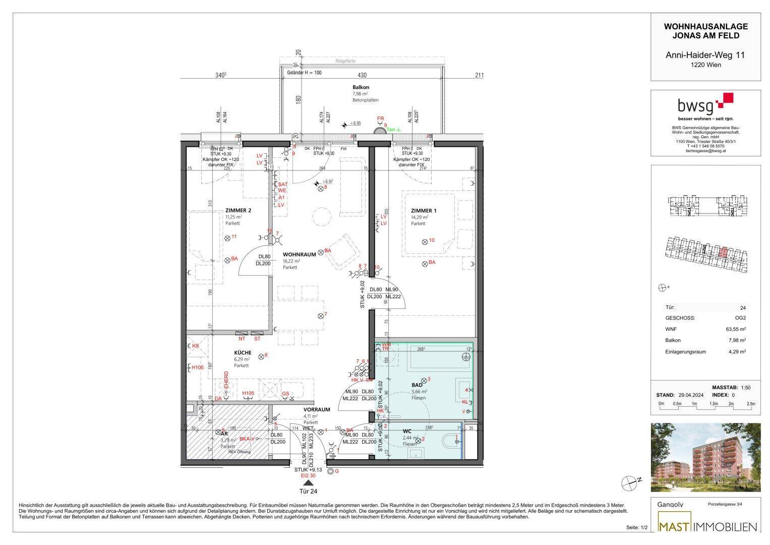 Detaillierter Grundriss einer Wohnung mit Balkon, offenem Wohnbereich und zwei Bädern.