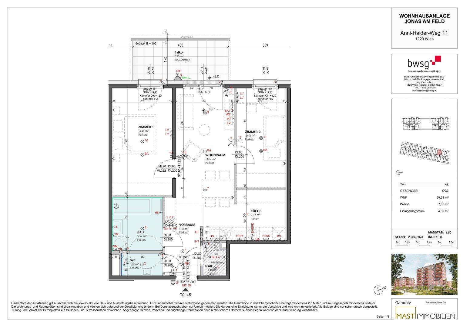 Detaillierter Grundriss einer Wohnung mit zwei Schlafzimmern, Wohnbereich und Balkon.