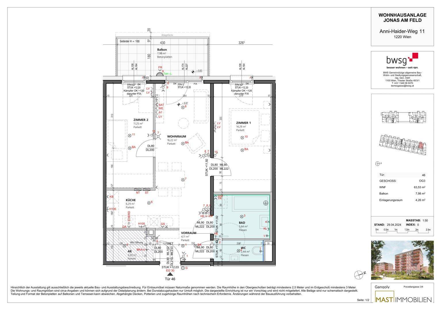 Detaillierter Grundriss einer Wohnung mit Balkon, zeigt die Raumaufteilung und Flächen.