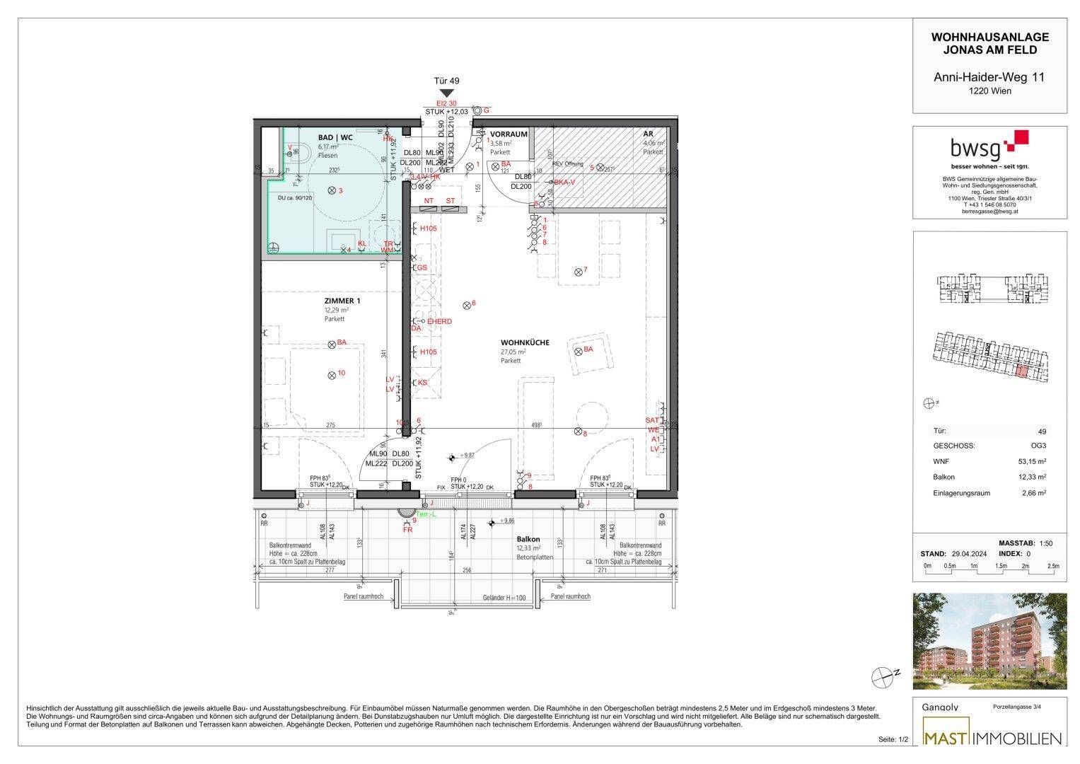 Detaillierter Grundriss einer Wohnung mit Wohnküche, Bad und Balkon.