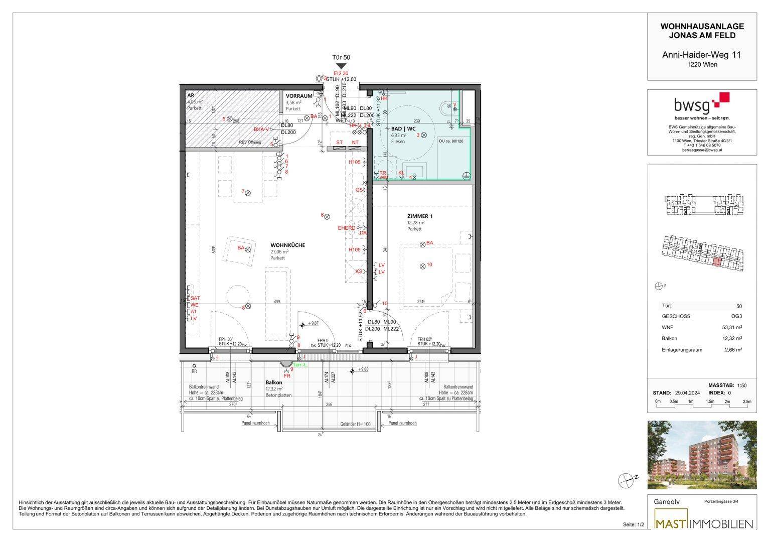 Detaillierter Grundriss einer Wohnung mit Balkon, Wohnküche und separatem Zimmer.
