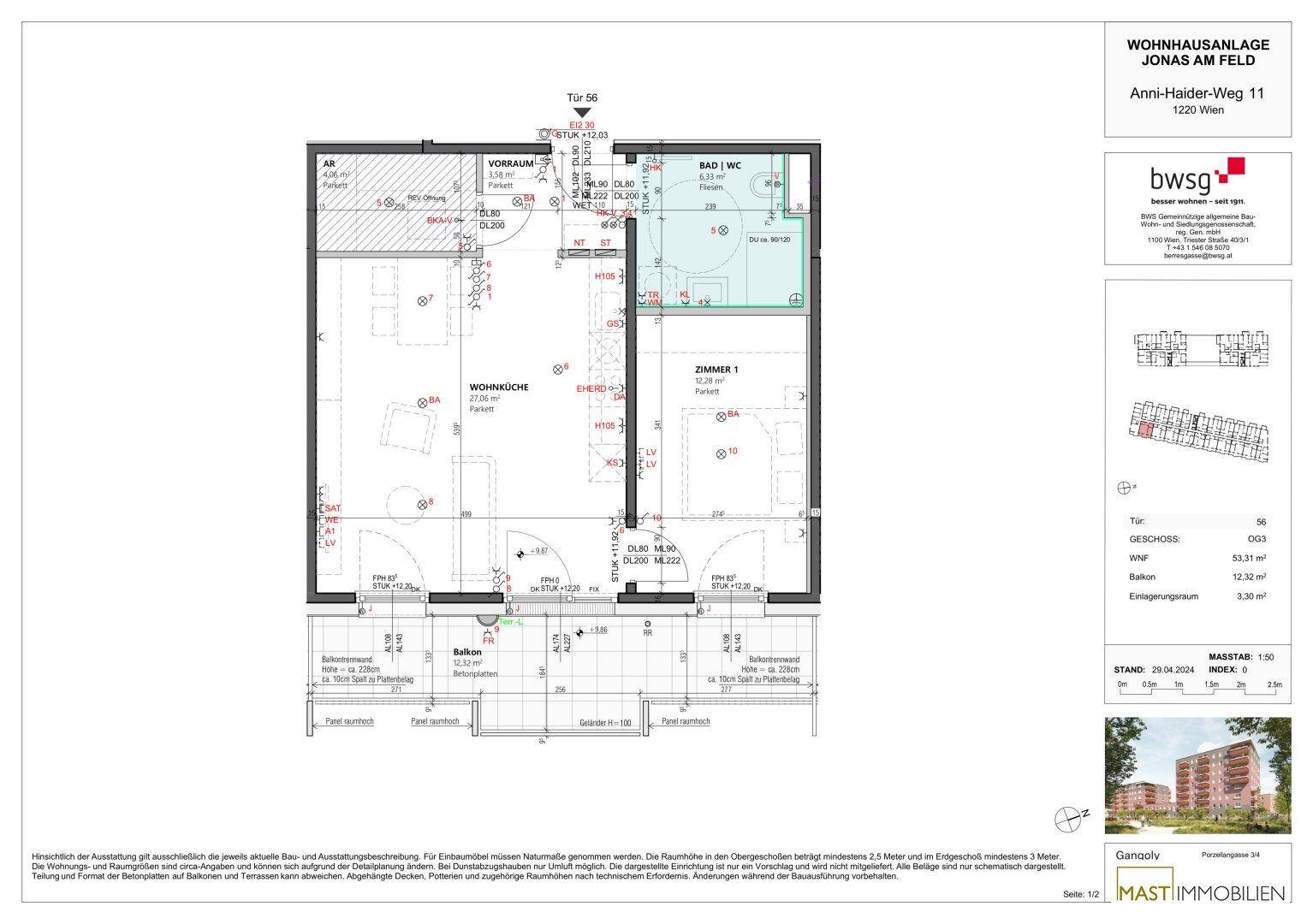 Grundriss einer Wohnung mit Wohnküche, einem Zimmer, Bad mit WC und Balkon.